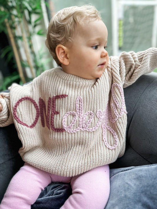 **Pre-Order for January Delivery** - Personalised Hand Embroidered Knit | Sand