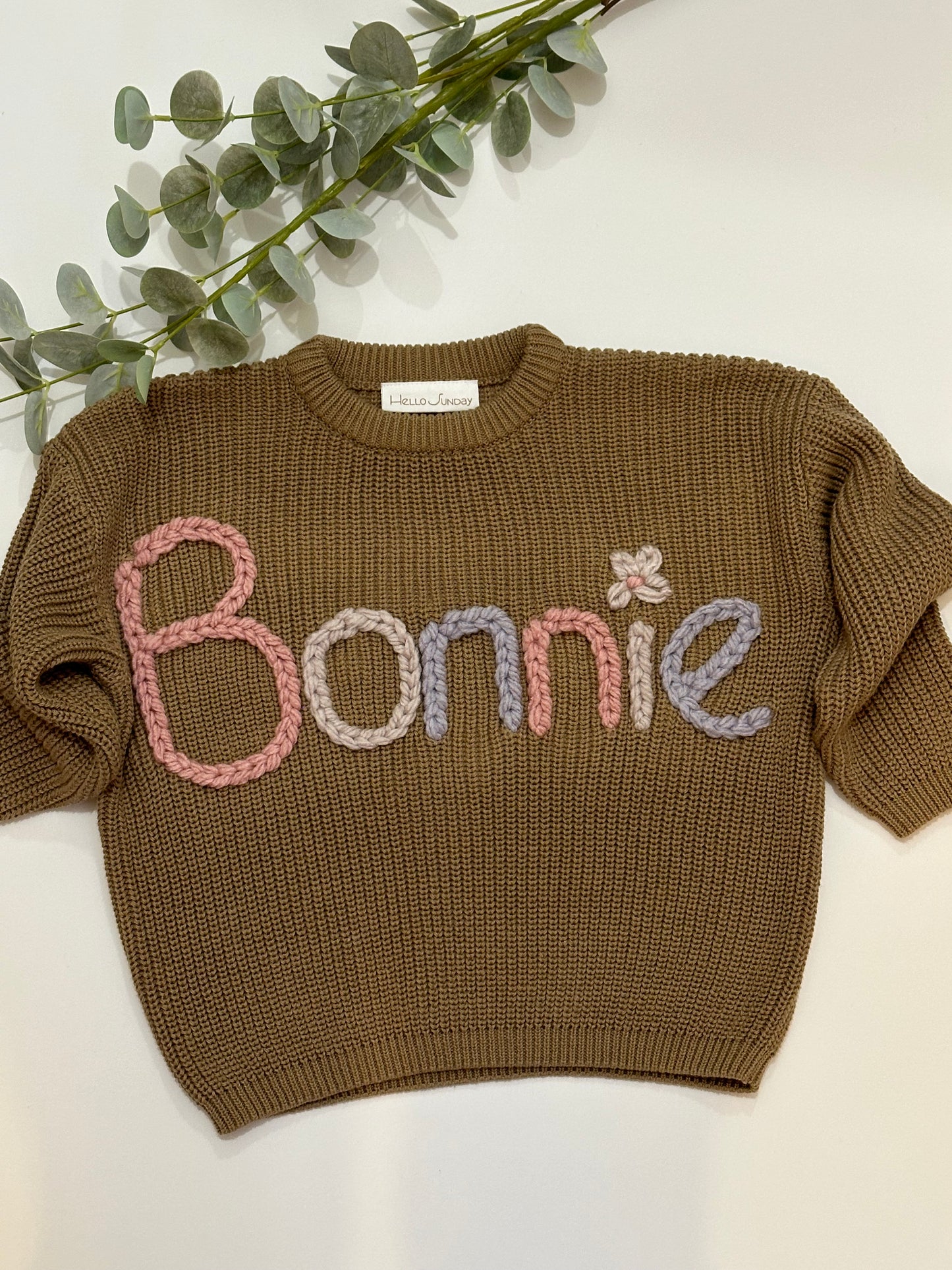 **Pre-Order for November Delivery** - Personalised Hand Embroidered Knit | Khaki