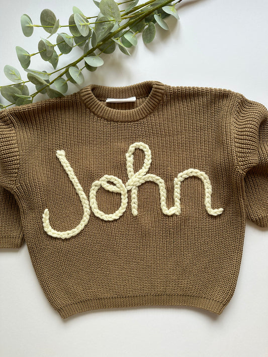 **Pre-Order for November Delivery** - Personalised Hand Embroidered Knit | Khaki