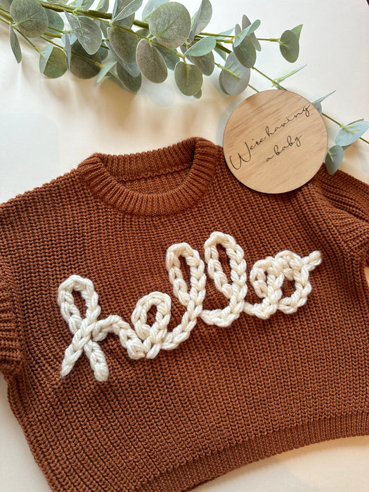 **Pre-Order for November Delivery** - Personalised Hand Embroidered Knit | Caramel