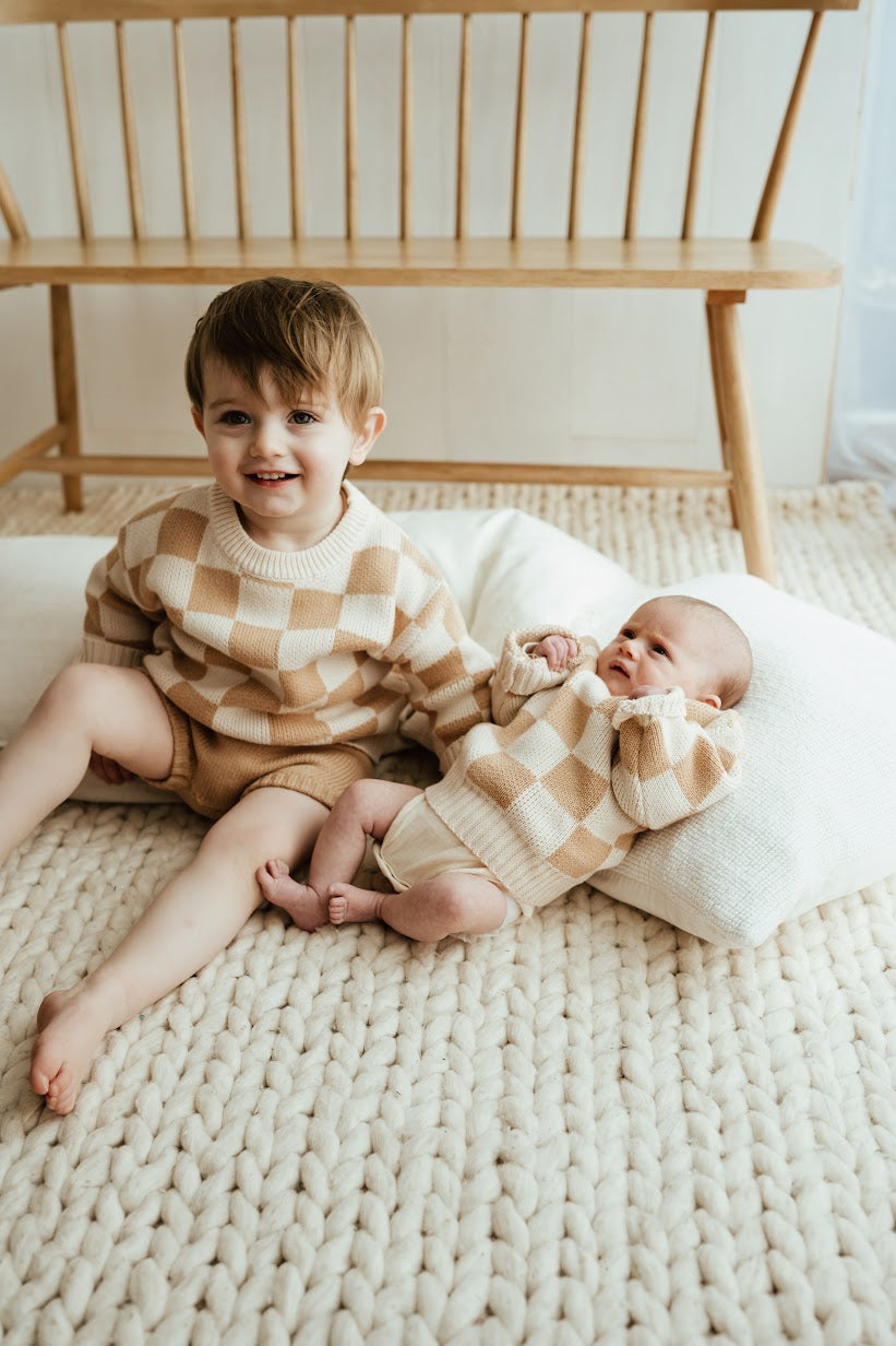 Organic Checkered Knit Sweater | Fawn
