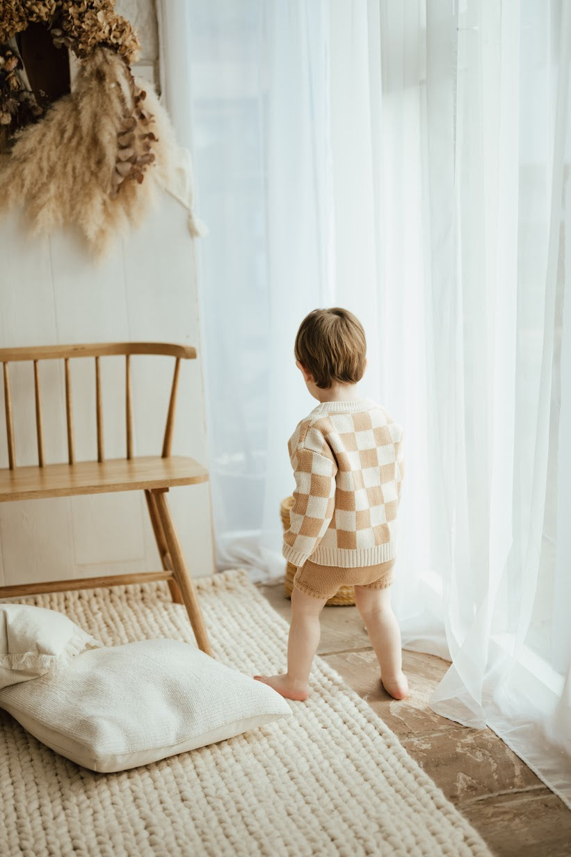 Organic Checkered Knit Sweater | Fawn