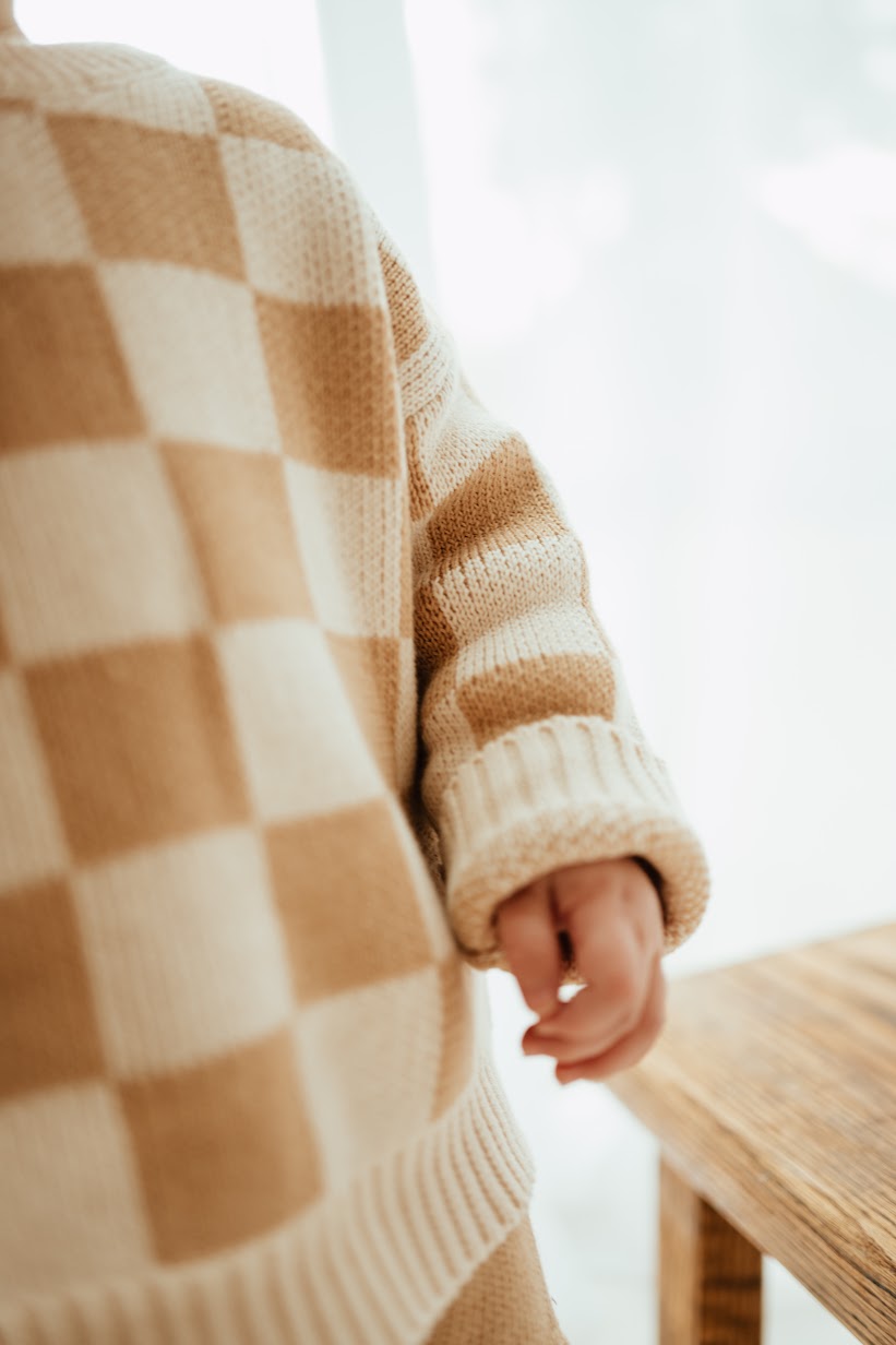 Organic Checkered Knit Sweater | Fawn