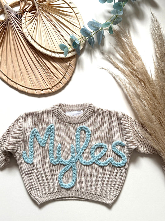 **Pre-Order for June Delivery** - Personalised Hand Embroidered Knit | Sand