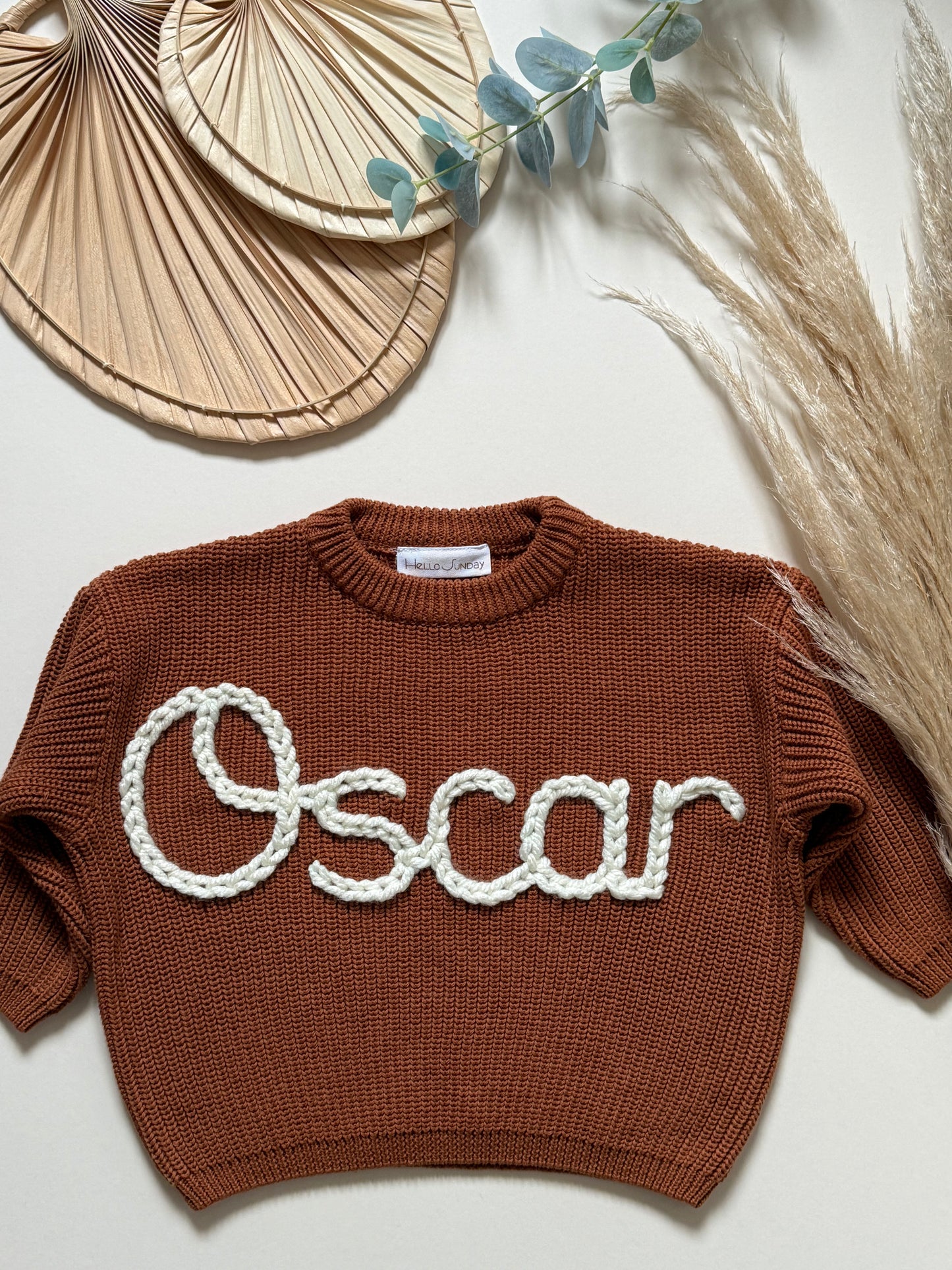 **Pre-Order for June Delivery** - Personalised Hand Embroidered Knit | Caramel