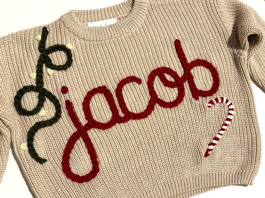 **Pre-Order for December Delivery** - Personalised Hand Embroidered Knit | Sand